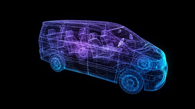 Minivan. Wireframe triangle formation of 3d model car. Looping motion animated automobile.