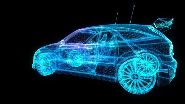 Motorsport car. Wireframe triangle formation of 3d model car. Looping motion animated automobile.