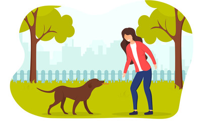 Human and dog training and friendship concept. A dog bringing a thrown stick to its owner. Flat cartoon vector illustration.