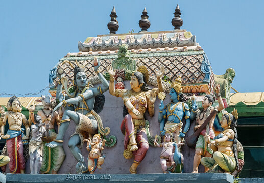 Matale, Sri Lanka - Oct 17, 2020: Sculptures on Sri Muthumariamman Hindu temple in Matale.