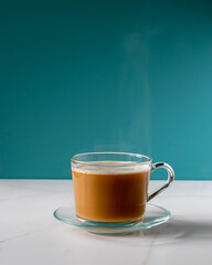 A cup of coffee on the table for breakfast on a blue background.