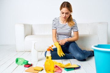 Woman cleaning room cleaning hygiene and interior detergent service
