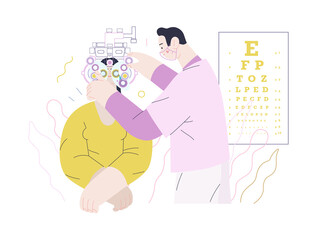 Medical tests template - c -modern flat vector concept digital illustration of eye test procedure -a female patient and a doctors with phoropter, ophthalmologic office