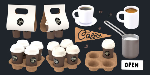 Coffee shop 3D render - coffee take away -modern concept digital illustration of coffee holder packs, cups and coffee shop elements. Creative landing web page header