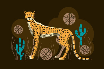 Adorable cheetah hunt with spinifex grass and cactus illustration Vector