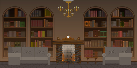 Interior of a dark living room or library with a fireplace