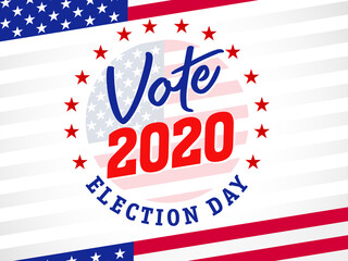 Obraz premium Vote 2020 election day, round emblem banner. USA Presidential election with American flag. US president debate, voting badge vector template