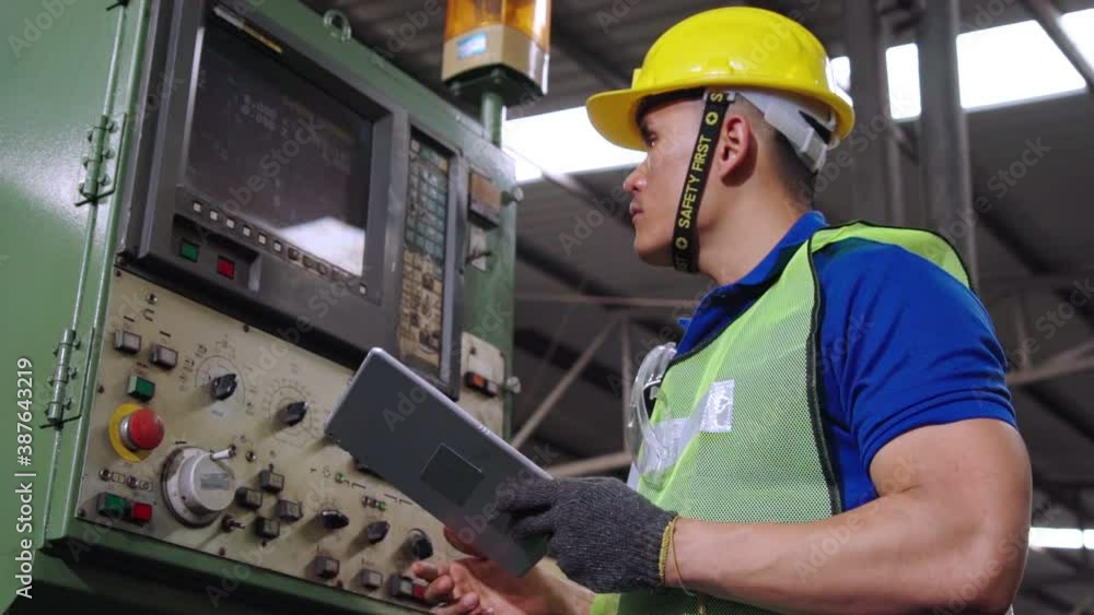 Poster smart factory worker using machine in factory workshop . industry and engineering concept.