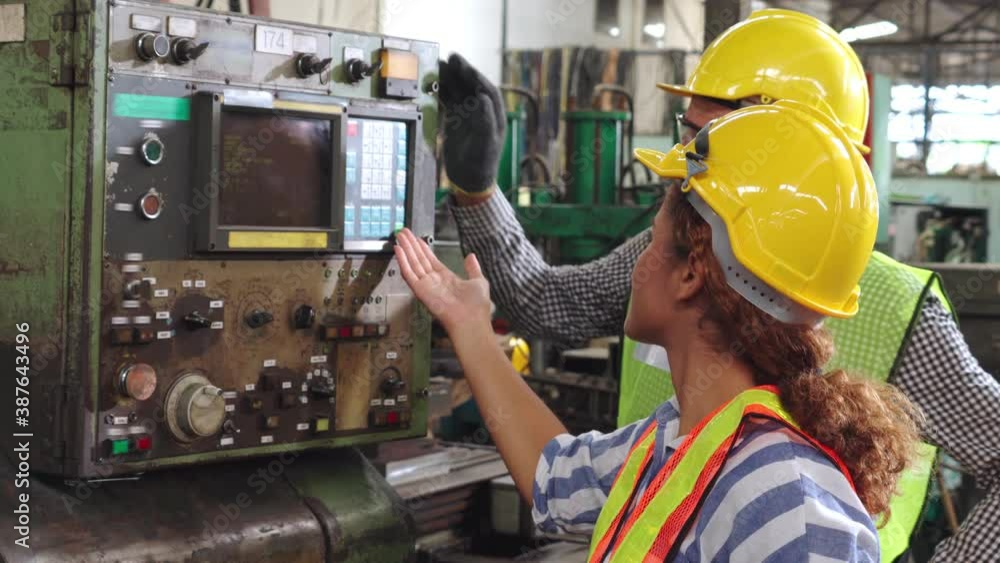 Poster group of factory workers using machine equipment in factory workshop . industry and engineering conc