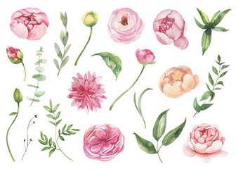 Watercolor floral illustration - leaves and branches frame with flowers and leaves for wedding stationary, greetings, wallpapers, background. Roses, green leaves. High quality illustration