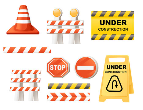 Set of different Under construction sign with red ribbon and red cone flat vector illustration on white background