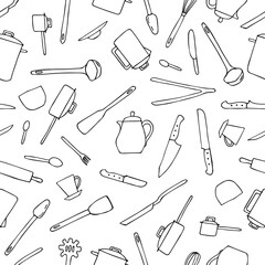 Kitchenware line seamless pattern. Hand drawn texture. Stock vector illustration.