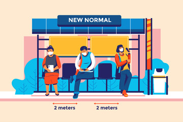 Naklejka premium New normal lifestyle physical distance on bus stop and bus station Vector Illustration Concept