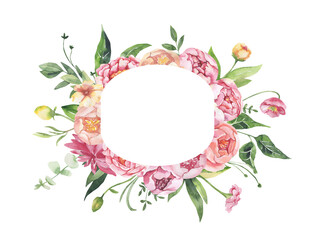 Watercolor floral illustration - leaves and branches frame with flowers and leaves for wedding stationary, greetings, wallpapers, background. Roses, green leaves. High quality illustration