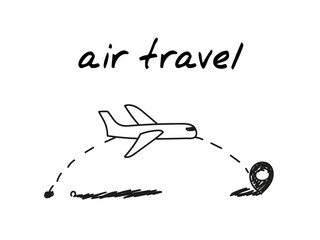 Flight travel handdrawn illustration. Cartoon vector clip art of flying plane followed by a dotted line trace to the destination point. Black and white sketch with concept of air travel, flights