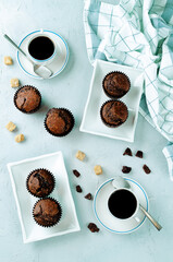 Chocolate chips oats chocolate muffins with coffee