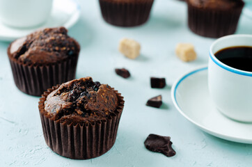 Chocolate chips oats chocolate muffins with coffee