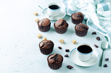 Chocolate chips oats chocolate muffins with coffee