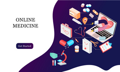 Isometric landing page design template for Online Pharmacy, Online Medicine, Medical Service and Healthcare Insurance. Flat isometric vector illustration for backgrounds, infographics, web banners.