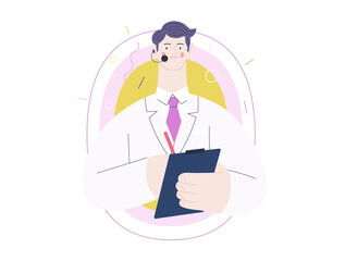 Medical insurance template -help 24 per 7, call us -modern flat vector concept digital illustration of male doctor with headset talking on the phone for a medical consultation. Medical company service