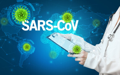 Doctor fills out medical record with SARS-CoV inscription, virology concept