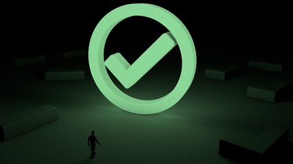 3D illustration of Checkmark icon with a man walking towards it