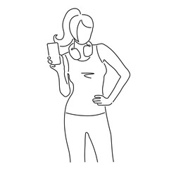 Line drawing of a woman wearing headphones on her neck. She's holding a phone.