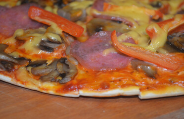Homemade pizza with tomatoes, sauce, mayonnaise, pepper, cheese, mushrooms.