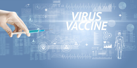 Syringe needle with virus vaccine and VIRUS VACCINE inscription, antidote concept