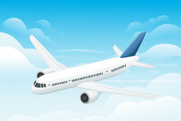 Fototapeta na wymiar Big white passenger airplane turbine jet plane in blue sunny sky flat vector illustration