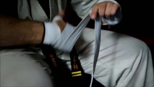 Athlete in bandage hands for boxing. High quality FullHD footage