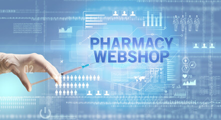 Close-up view of doctor's hand in a white glove holding syringe with PHARMACY WEBSHOP inscription, healthcare and medical concept