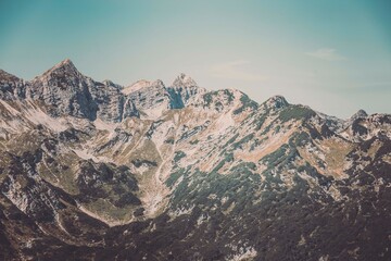 Mountain peaks in summer in Julian Alps in Slovenia in Triglav national park