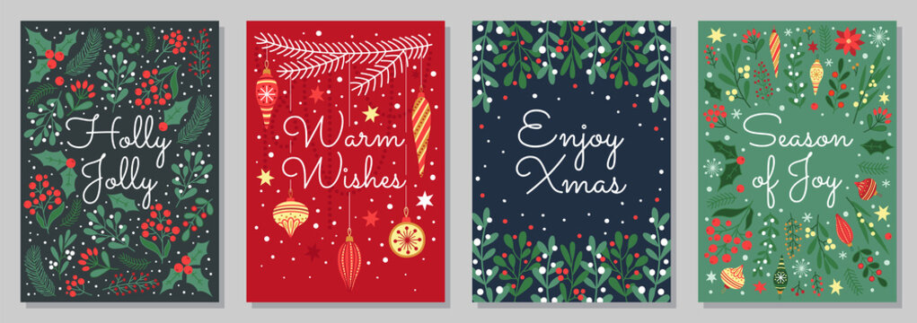 Set of Christmas and winter holidays greeting with hand drawn decoration elements. Vector template.