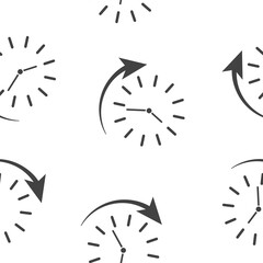 Vector clock and arrow icon indicating clockwise direction, time up seamless pattern on a white background.