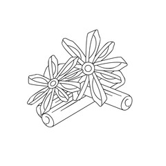 Isolated black outline of cinnamon sticks and anise flowers. Flat vector illustration of delicious and aromatic spices for culinary and coffee. Decorative design elements.