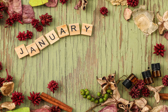 Flat lay image featuring border of various dried flowers surrounding wooden letters spelling the word January with copy space