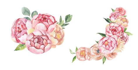 Watercolor floral illustration - leaves and branches frame with flowers and leaves for wedding stationary, greetings, wallpapers, background. Roses, green leaves. High quality illustration