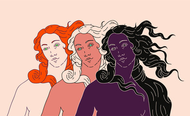 Modern vector line art Illustration or the Venus or Aphrodite Goddess  in doodle sketch style. Diverse women of different ethnicity and appearance. Poster about Feminism and Woman Power issues. © local_doctor