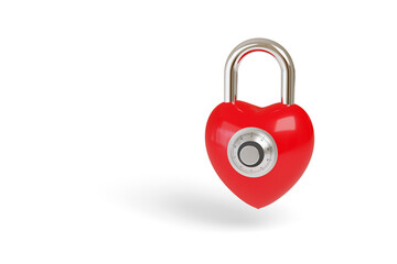 Red padlock with heart shape and combination lock isolated on white background. 3d illustration.