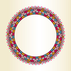 Indian Asian Oriental ethnic round frame with empty space for text or photo in bright colors. For invitations, announcements and photo frame 
