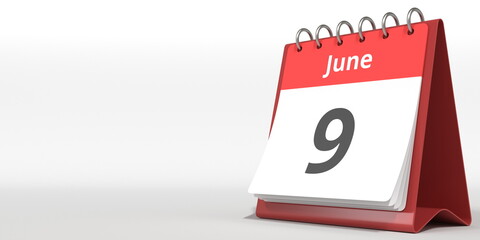 June 9 date on the flip calendar page, 3d rendering