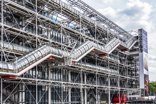 View of Paris Centre Georges Pompidou (1977). High-tech style of Centre Georges Pompidou is a complex building; it houses Library, National Art Modern museum and IRCAM. PARIS, FRANCE. May 23, 2019.