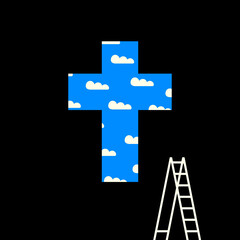 Blue Sign of the Christian cross with white clouds inside and step ladder on the black background. Decorative vector illustration, banner, religious symbol, icon, t-shirt design, print, design element