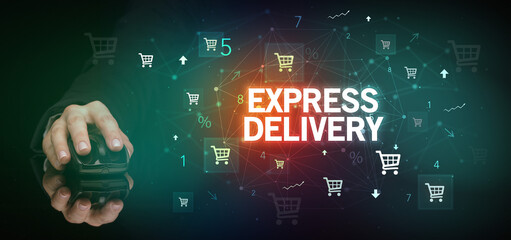 hand holding wireless peripheral with EXPRESS DELIVERY inscription, online shopping concept