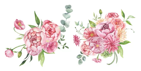 Gordijnen Watercolor floral illustration - leaves and branches frame with flowers and leaves for wedding stationary, greetings, wallpapers, background. Roses, green leaves. High quality illustration © Olesya Frolova