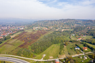 Drone photo of Csacs district on a foggy autumn morning in City Zalaegerszeg, Hungary