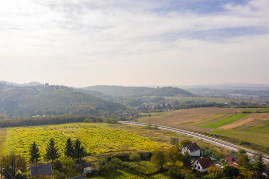 Drone photo of Csacs district on a foggy autumn morning in City Zalaegerszeg, Hungary