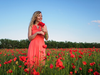 Young girl in a red dress in a poppy field
