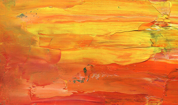 Hand drawn bright abstract painting. Artistic background. Orange and red Paint on canvas. Modern Oil painting.